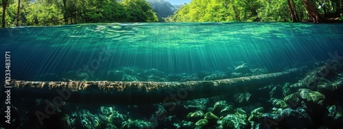Underwater forest, sunbeams penetrating water surface, fallen tree trunk, aquatic plants, crystal clear water, ethereal atmosphere, dappled light, submerged landscape, serene nature scene, vibrant gre