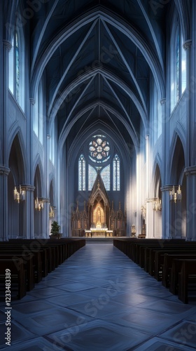 Serene church interior  bathed in light.