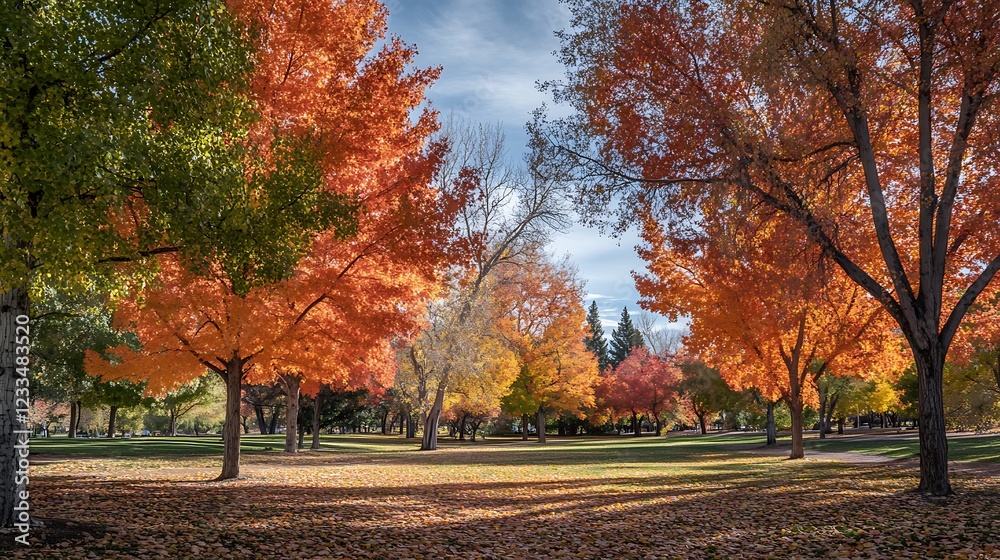 Naklejka premium A vibrant autumn scene featuring colorful trees and a serene park landscape.