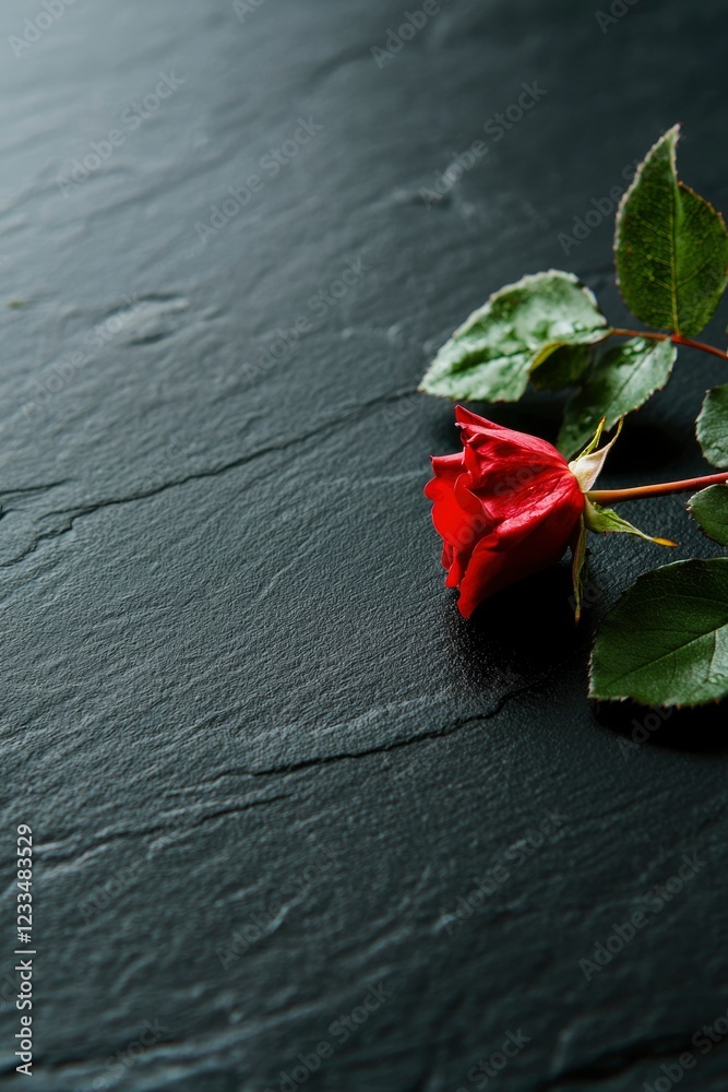Single Red Rose on Dark Stone Background Single Red Rose on Dark Stone Background