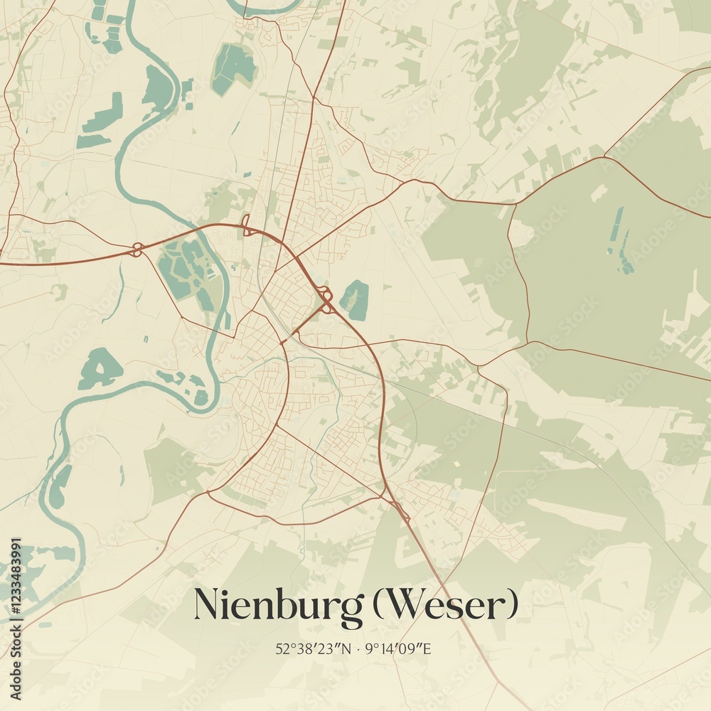 Fototapeta premium Vintage map of Nienburg (Weser), Germany.