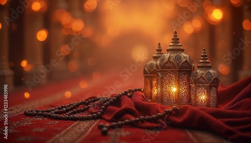 Ramadan Kareem. Concept of Islamic lantern and prayer beads on red carpet with bokeh lights.