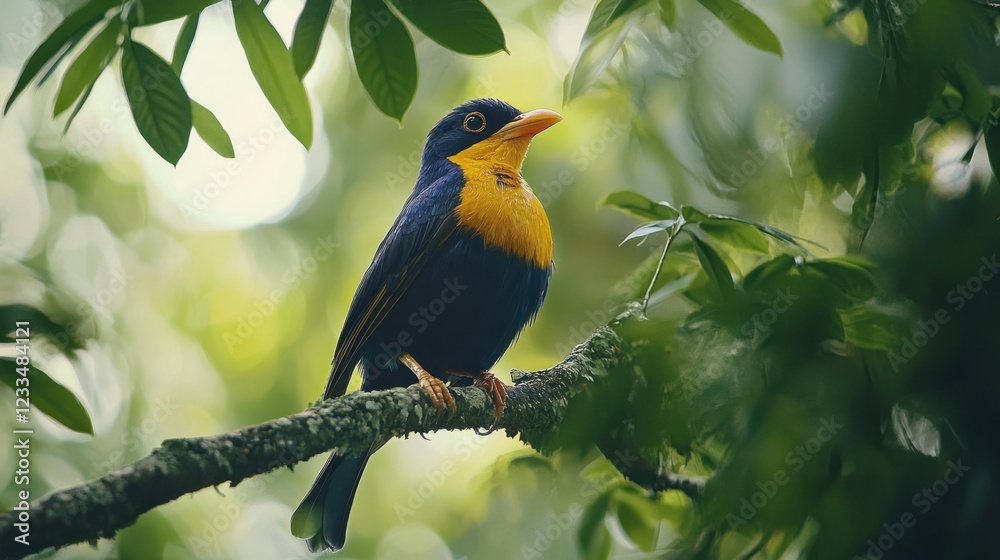 Vibrant blue and gold bird perched on branch. Vibrant blue and gold bird perched on branch.
