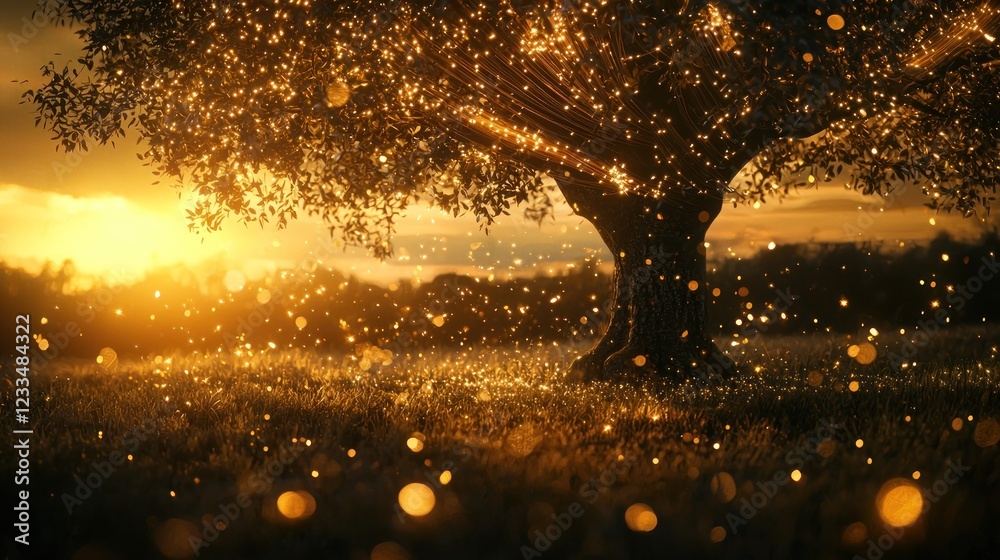 Magical sunset illuminating a glowing tree in a field of fireflies. Magical sunset illuminating a glowing tree in a field of fireflies.