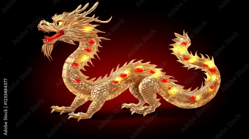 Obraz premium Illuminated Golden Dragon Figurine, Red Background