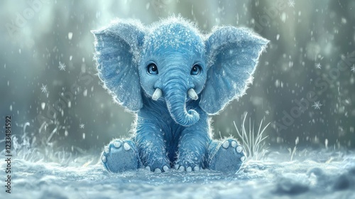 Cute baby elephant covered in snow, sitting in a snowy forest.