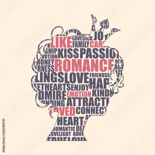 Social issues concept. Queen or princess head icon filled with tags cloud.