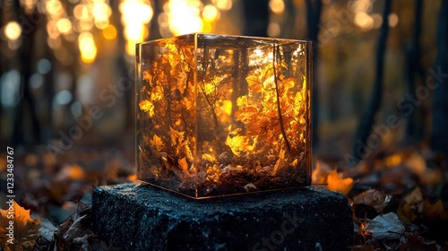 Autumn leaves encased in a glass cube outdoors.