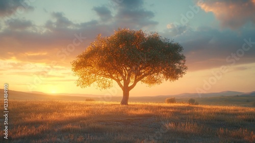 Solitary tree silhouetted against a vibrant sunset over a vast, tranquil field.