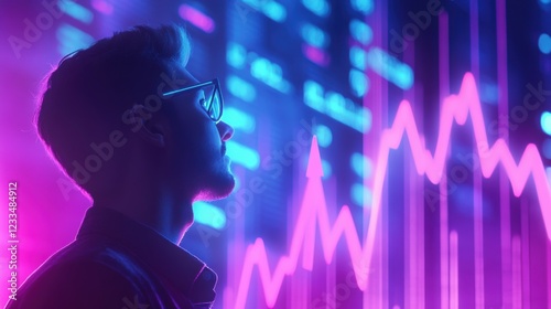 Young Man Analyzing Neon Stock Market Data Financial Growth Investment Trends