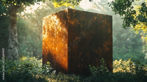 Sunlit rusty cube in a forest.