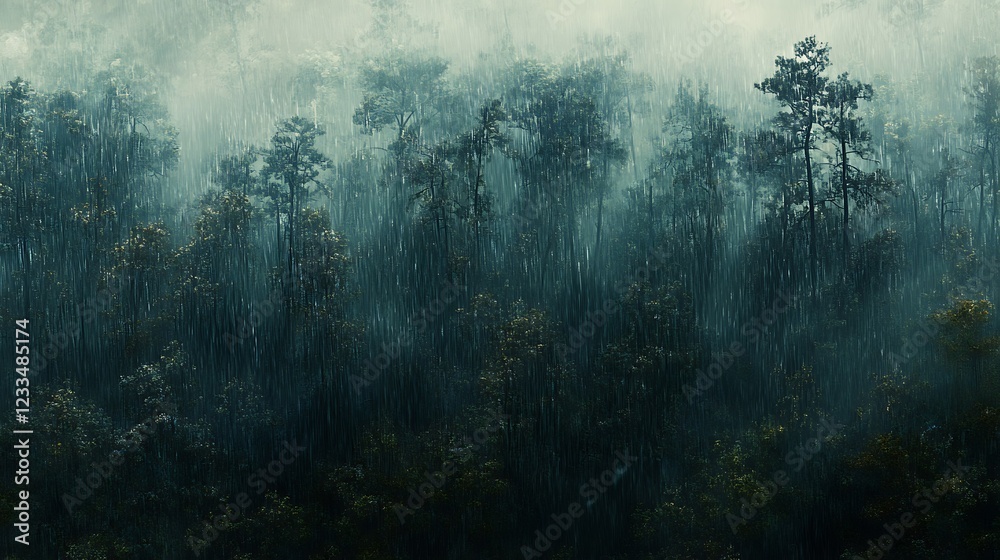 Fototapeta premium A misty forest scene with rain, creating a tranquil and atmospheric landscape.