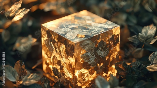 Illuminated cube with embedded leaves in autumnal setting.