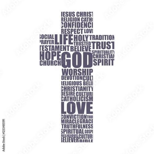 Religion concept. Christian cross with tags cloud.
