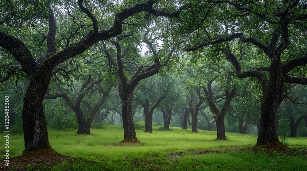 A serene forest scene with lush green trees and a misty atmosphere. A serene forest scene with lush green trees and a misty atmosphere.