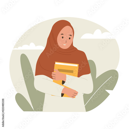 Illustration of muslim young woman holding a book. Illustrations for websites, landing pages, mobile apps, posters and banners. Trendy flat vector illustrations