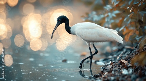 White ibis wading in shallow water at sunset.
