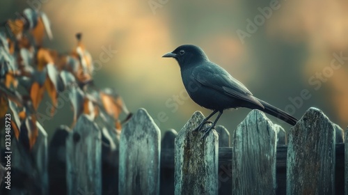 Dark bird perched on weathered wooden fence at sunset.