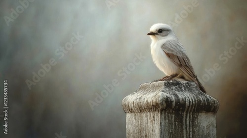 Small white bird perched on weathered stone post.