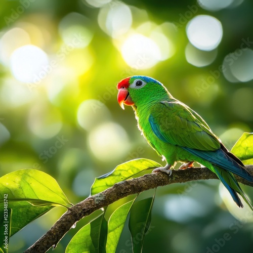 Green parrot perched on a branch in sunlight.