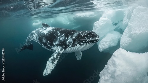 Humpback whale swimming near icebergs.