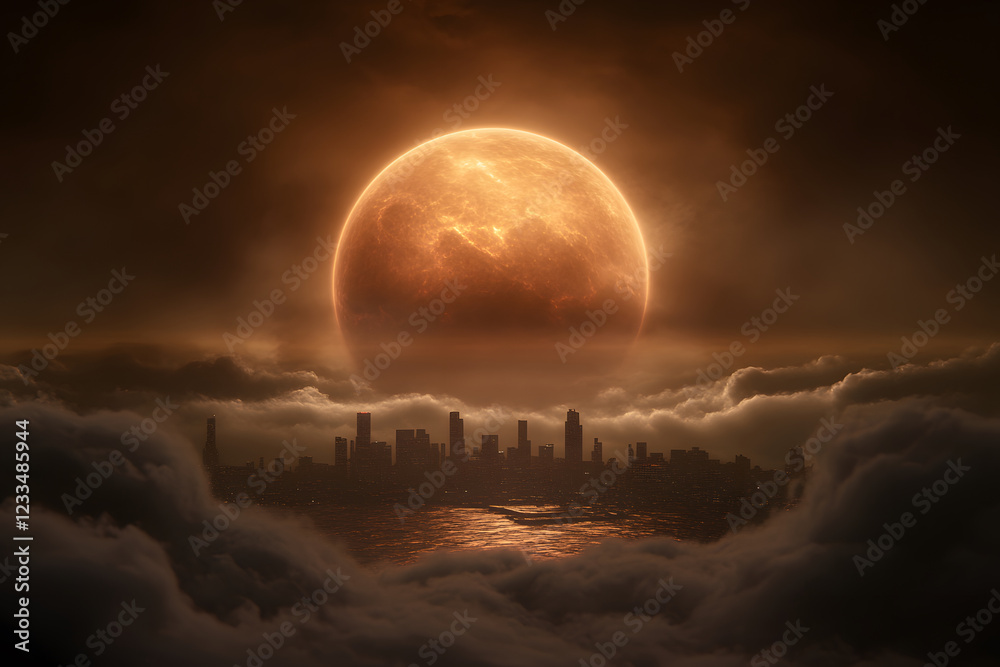 Obraz premium futuristic city skyline under glowing red moon, surrounded by clouds