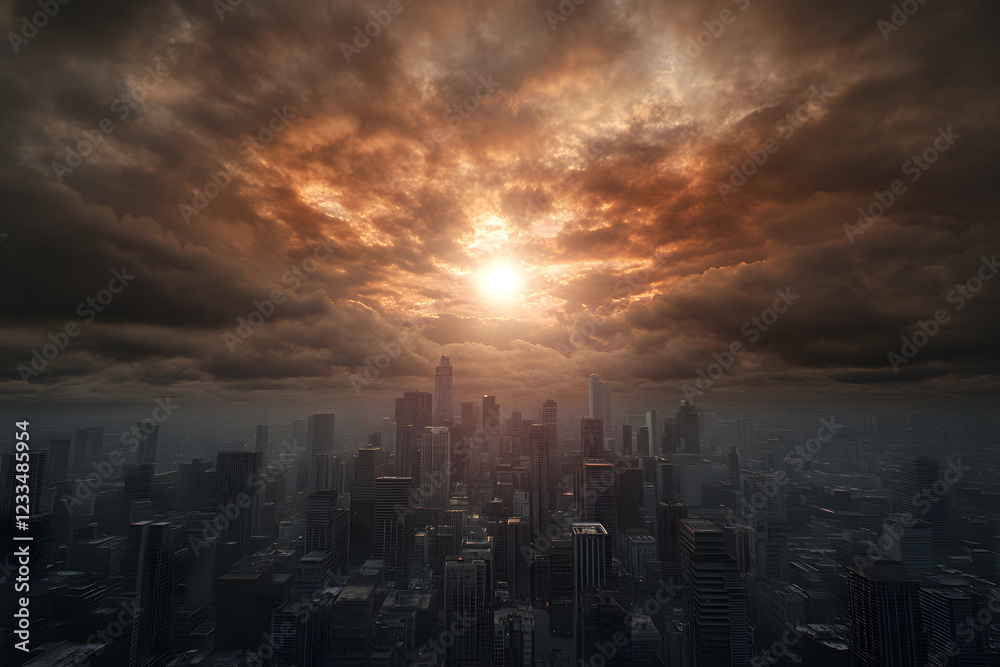 Obraz premium futuristic city skyline under dramatic sunset with clouds