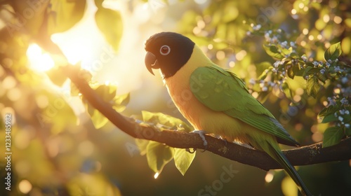 Sunset golden-crowned conure perched on a branch.