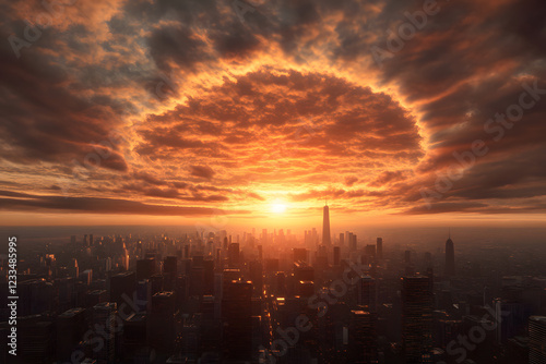 stunning sunset over futuristic city skyline with dramatic clouds
