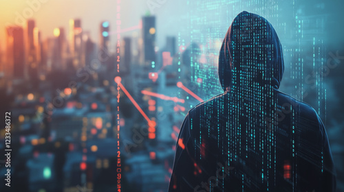 Hacker are planning to hack and attack networks and cyber security systems Smart digital city with connection cyber security network reciprocity over the cityscape . future smart wireless digital city