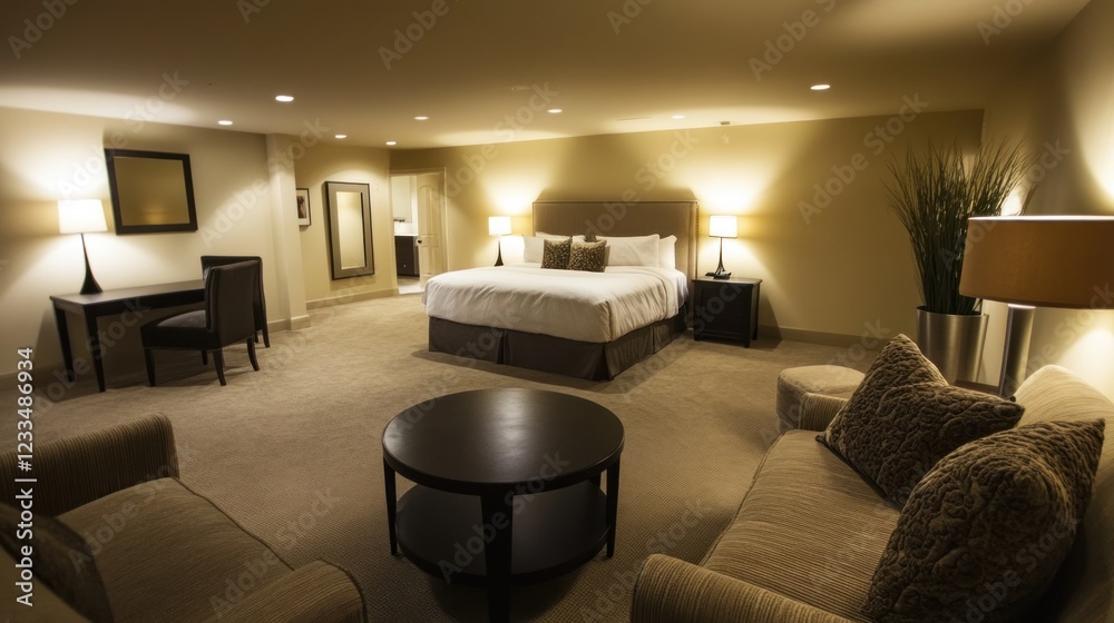 Fototapeta premium Luxurious hotel suite with king bed, seating area, and desk.