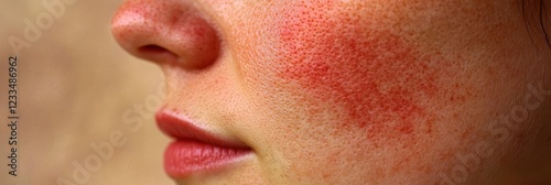 Wallpaper Mural close-up skin texture, facial redness, inflamed cheek, dermatological condition, rosacea symptoms, skin irritation, partial view of lips, macro photography, medical detail, skin pores visible, facial  Torontodigital.ca