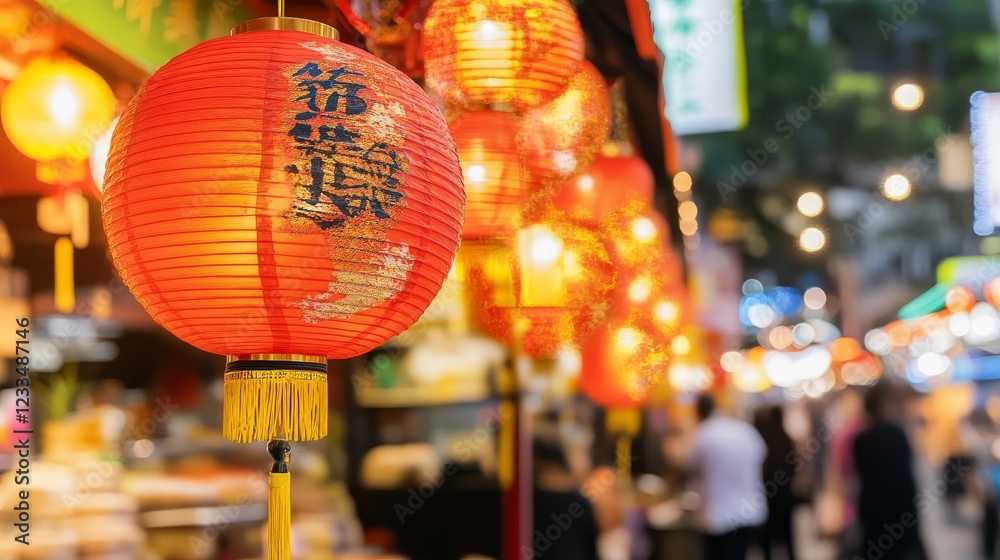 Obraz premium Illuminated Lanterns Adorn Asian Night Market Street