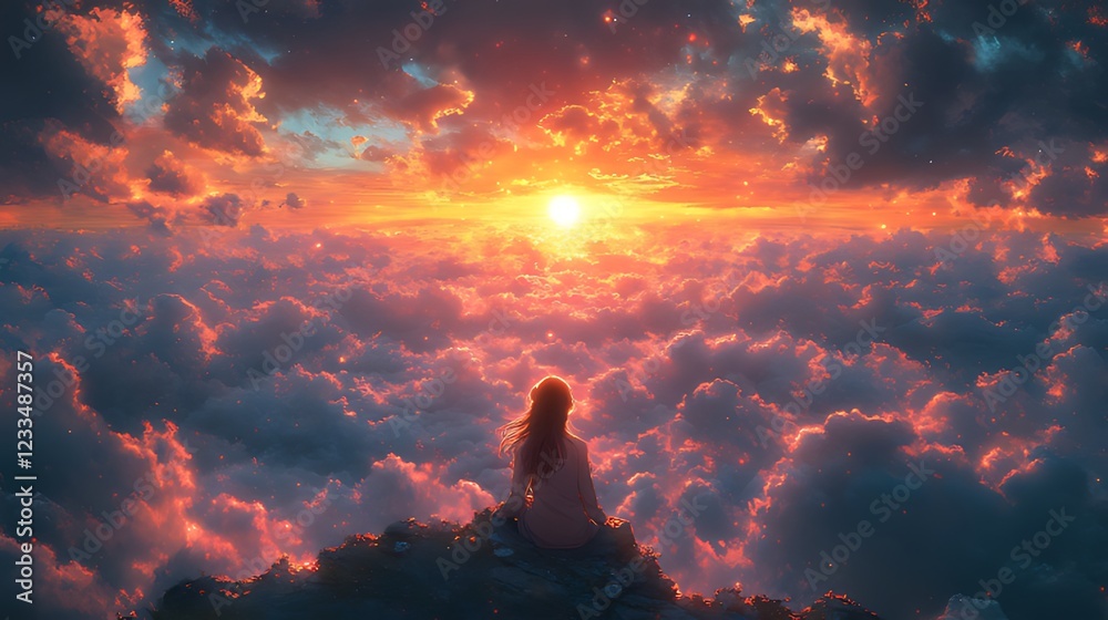 Obraz premium Woman Contemplates Sunset Above Cloudscape