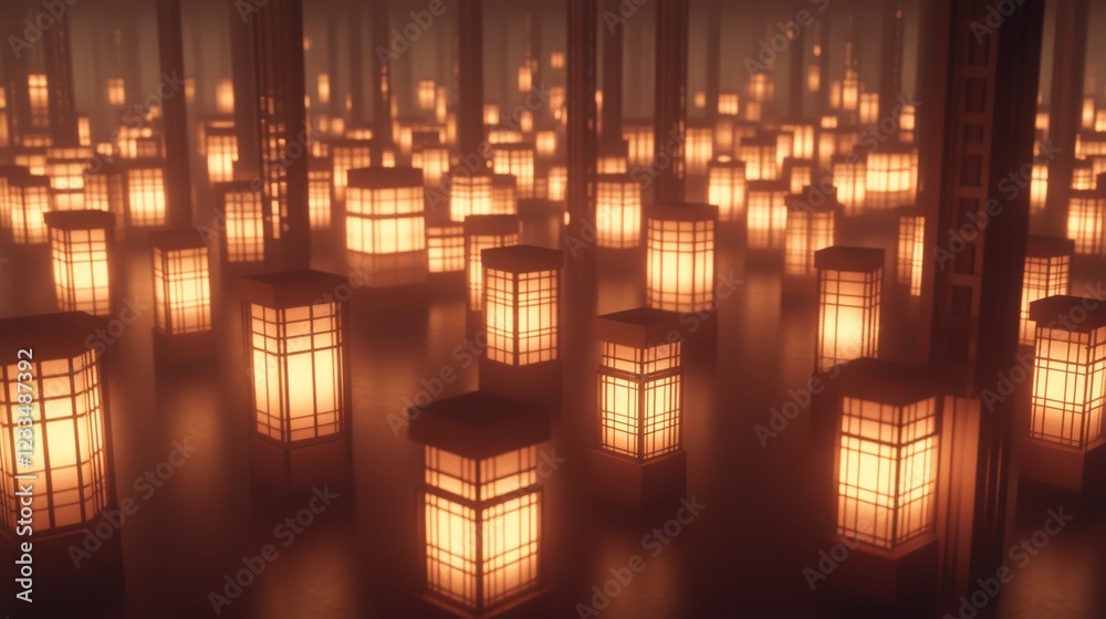 Naklejka premium Illuminated Lanterns in Mystical Foggy Forest