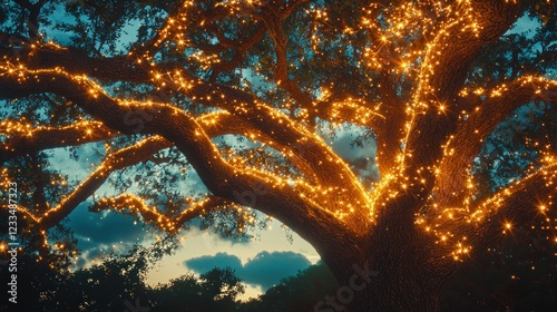 Illuminated oak tree at dusk.