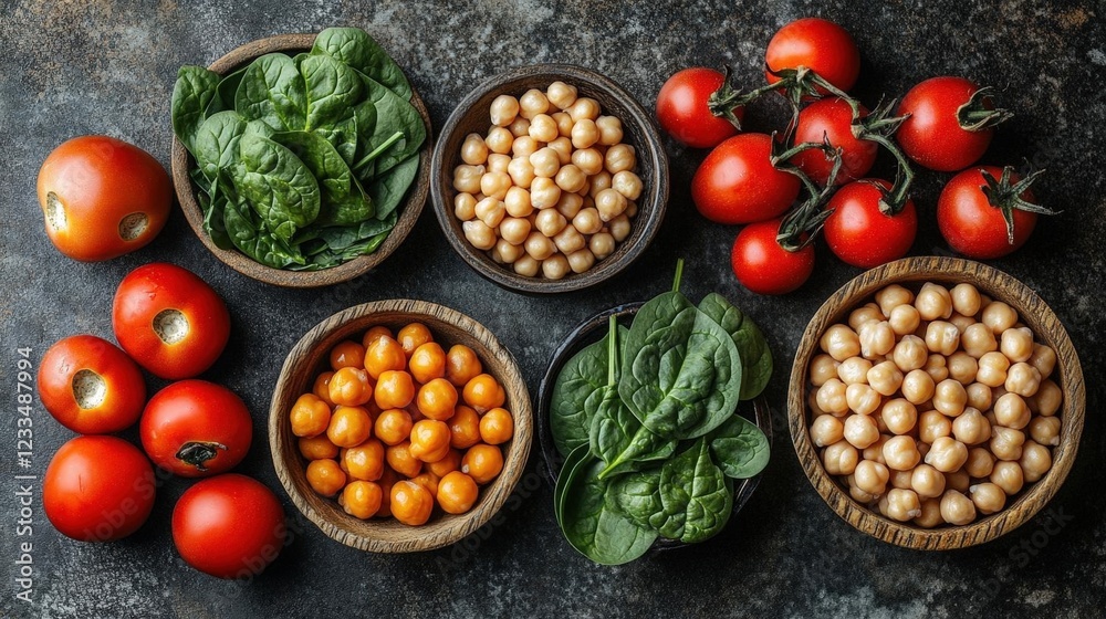 Overhead Shot of Chickpeas Tomatoes and Spinach in Bowls Overhead Shot of Chickpeas Tomatoes and Spinach in Bowls