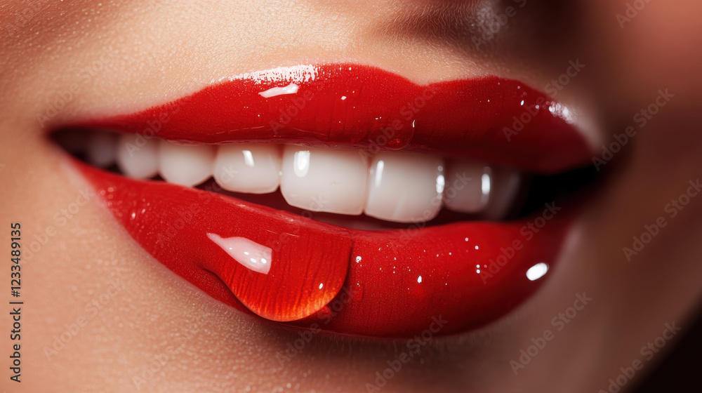 Obraz premium An extreme close-up of a smiling woman's lips, slightly parted, with vibrant red lipstick and a dewdrop glistening on her lower lip
