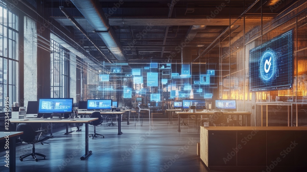 Futuristic Tech Office Workspace with Innovative Digital Interface and Network Futuristic Tech Office Workspace with Innovative Digital Interface and Network