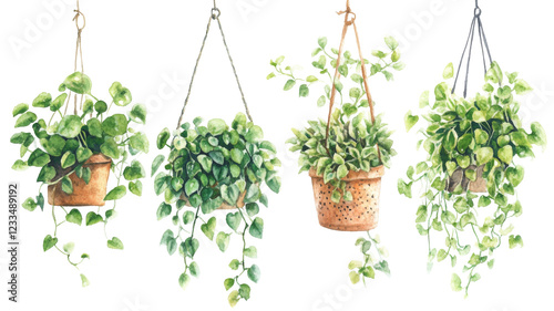 Hanging plants display home decor watercolor art white environment elegant greenery