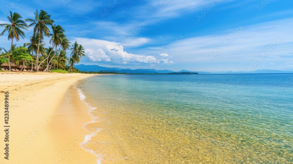 A scenic coastal beach with crystal-clear waters and palm trees against a blue sky, Beach scene, Tropical paradise style A scenic coastal beach with crystal-clear waters and palm trees against a blue sky, Beach scene, Tropical paradise style