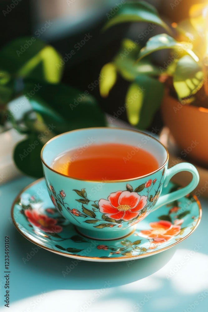 Floral Teacup Filled With Warm Brewed Tea Floral Teacup Filled With Warm Brewed Tea
