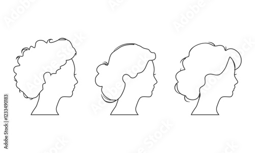 Young women face side view icon outline silhouettes set. Elegant silhouettes of a female head. Avatar profile sign