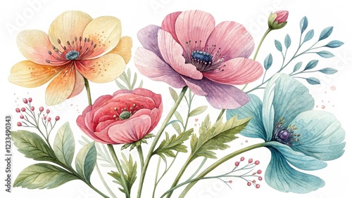 Wallpaper Mural A vibrant watercolor illustration featuring a bouquet of colorful flowers with delicate petals and leafy greens. Torontodigital.ca