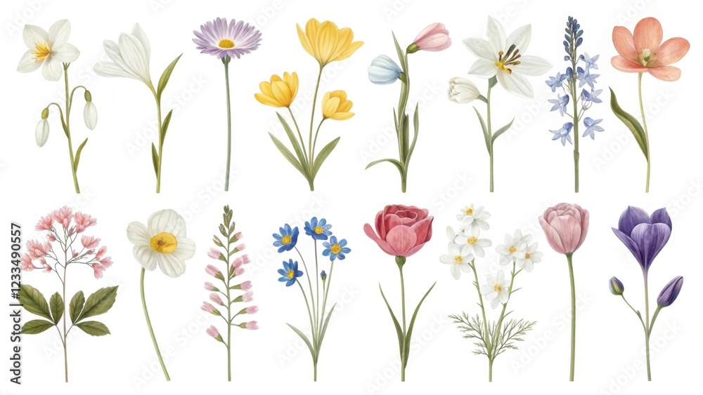 Obraz premium A vibrant arrangement of various flowers, showcasing diverse shapes and colors, perfect for floral design inspiration or nature-themed projects.