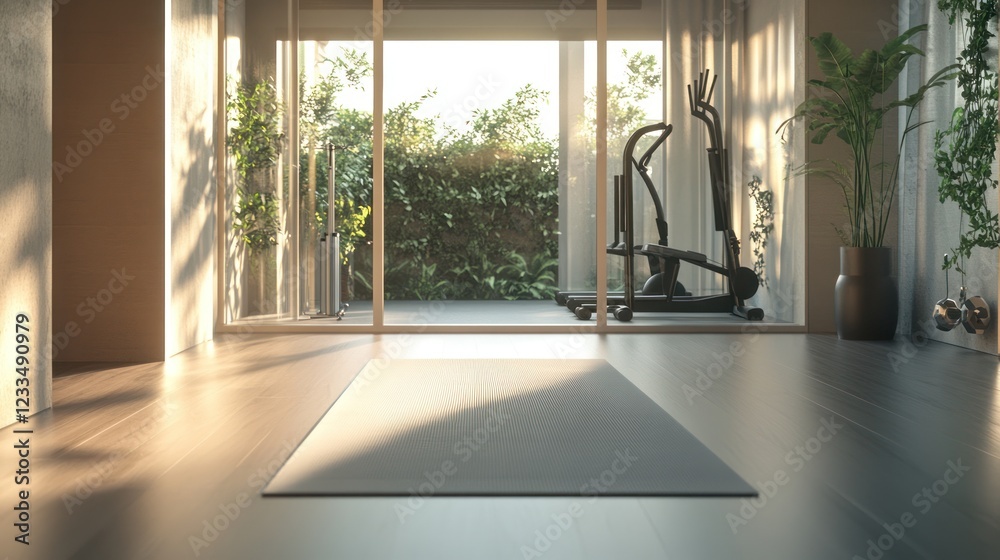 Fototapeta premium Sunlit home gym with yoga mat.