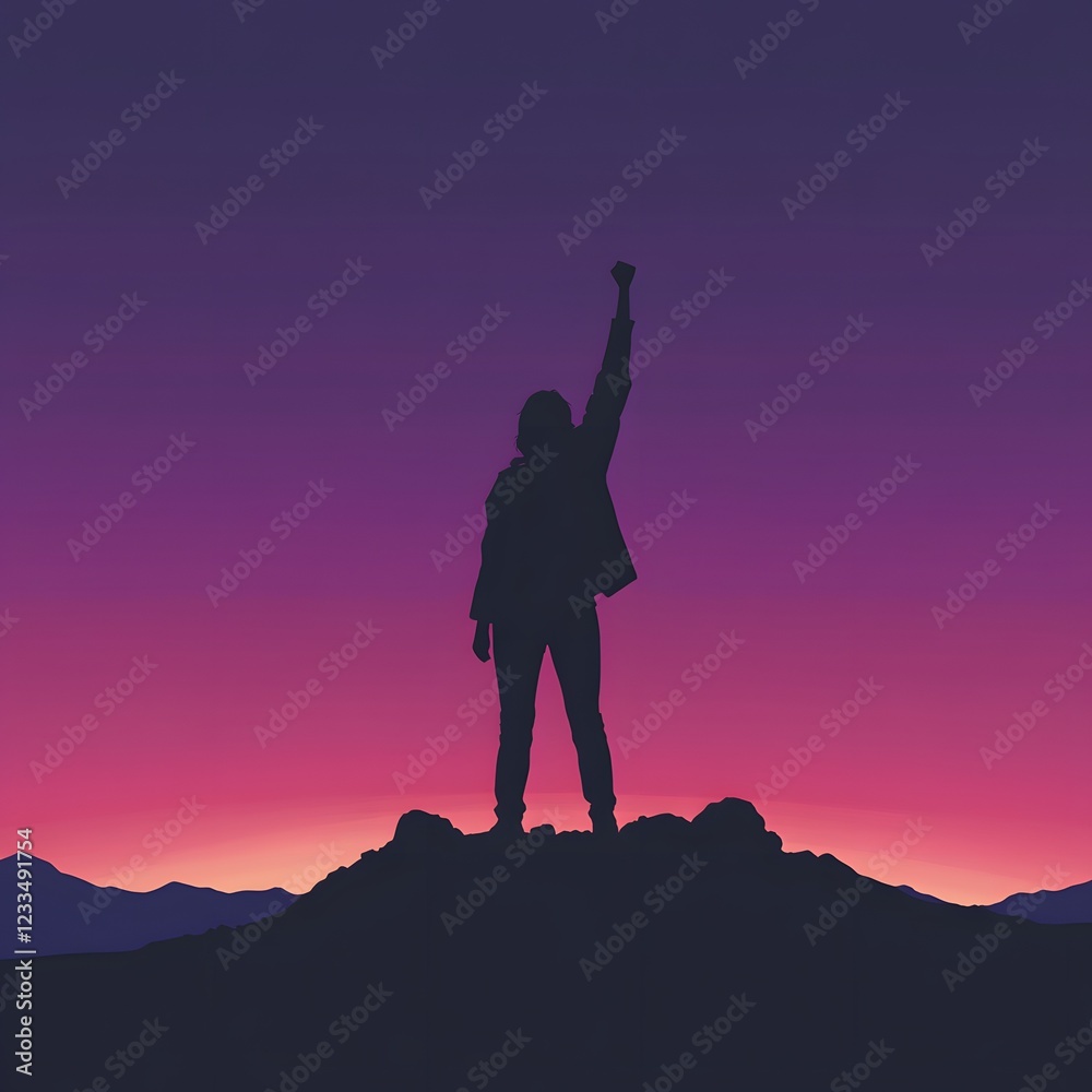 Silhouette Of A Person Triumphantly Standing On A Mountaintop At Sunset Silhouette Of A Person Triumphantly Standing On A Mountaintop At Sunset