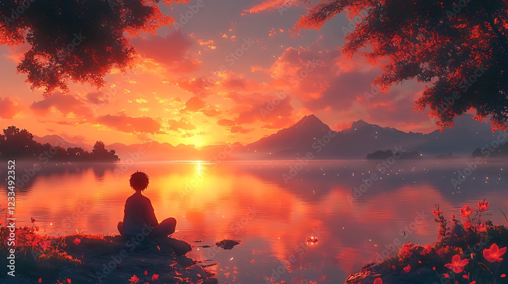 Obraz premium Serene sunset lake meditation, mountain backdrop, calm