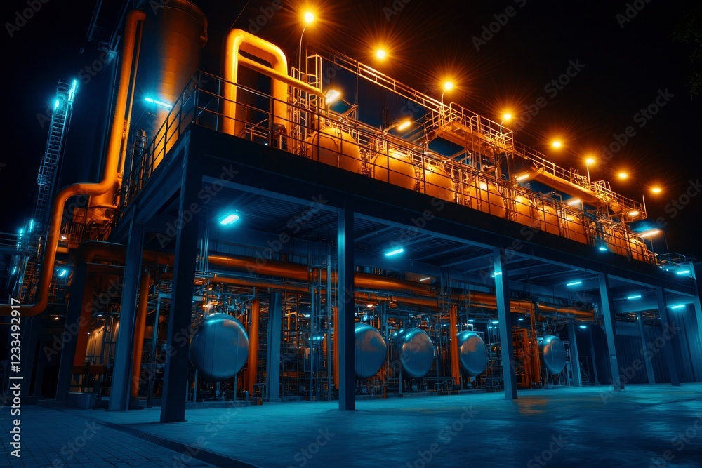 Fototapeta premium Illuminated Industrial Facility Nighttime Processing Plant
