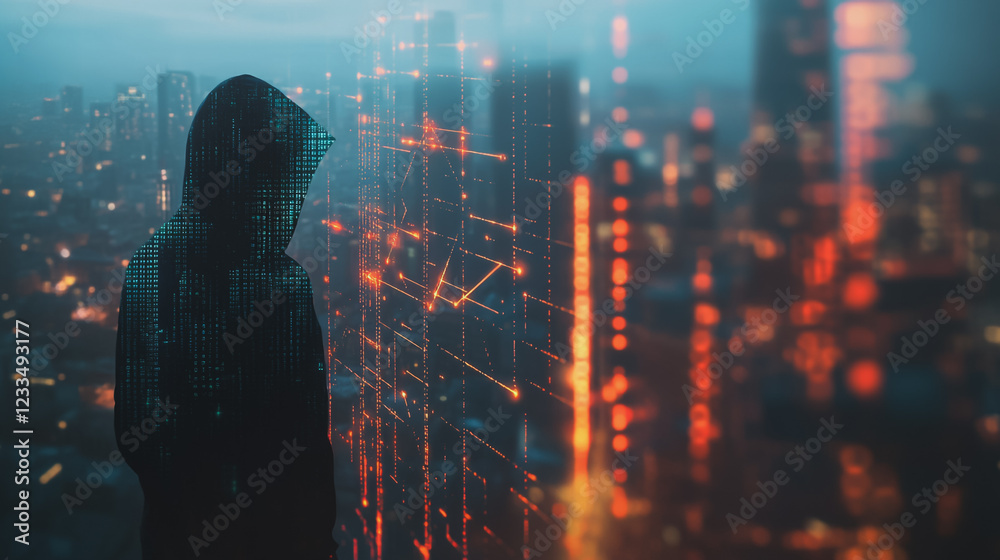 Hacker are planning to hack and attack networks and cyber security systems Smart digital city with connection cyber security network reciprocity over the cityscape . future smart wireless digital city Hacker are planning to hack and attack networks and cyber security systems Smart digital city with connection cyber security network reciprocity over the cityscape . future smart wireless digital city
